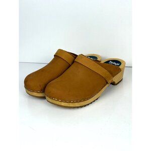 Vollsjo Swedish Design Brown Leather Wood Clogs Size 37 Slip On
